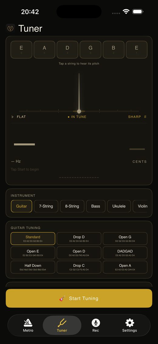 Tonoir's instrument picker and the nine guitar tunings