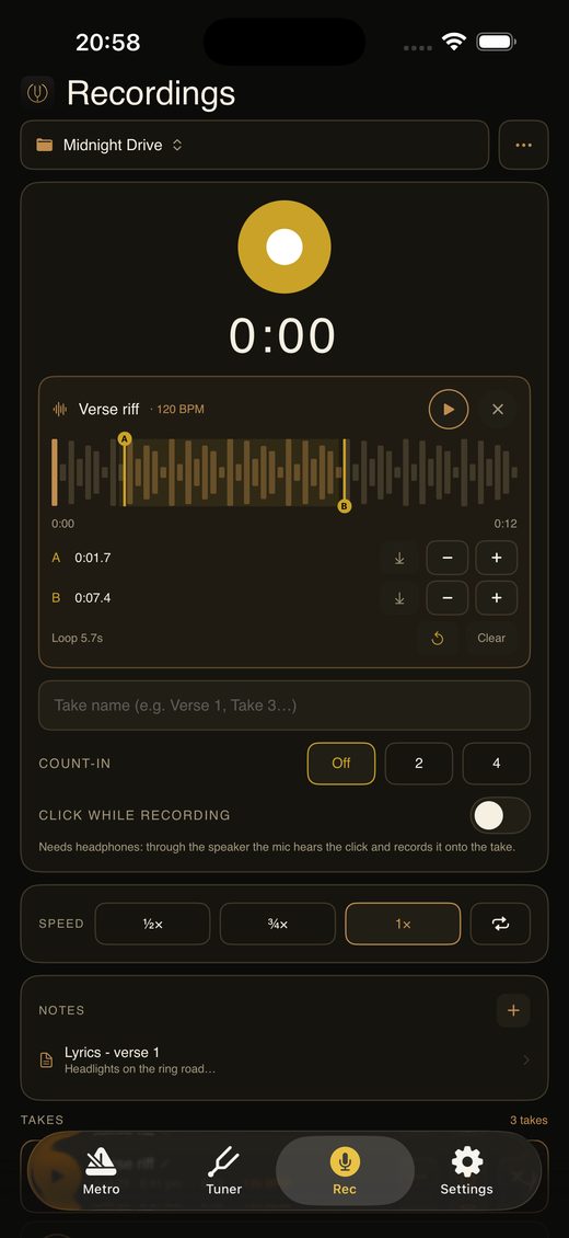 An A/B loop marked across a recorded take in Tonoir