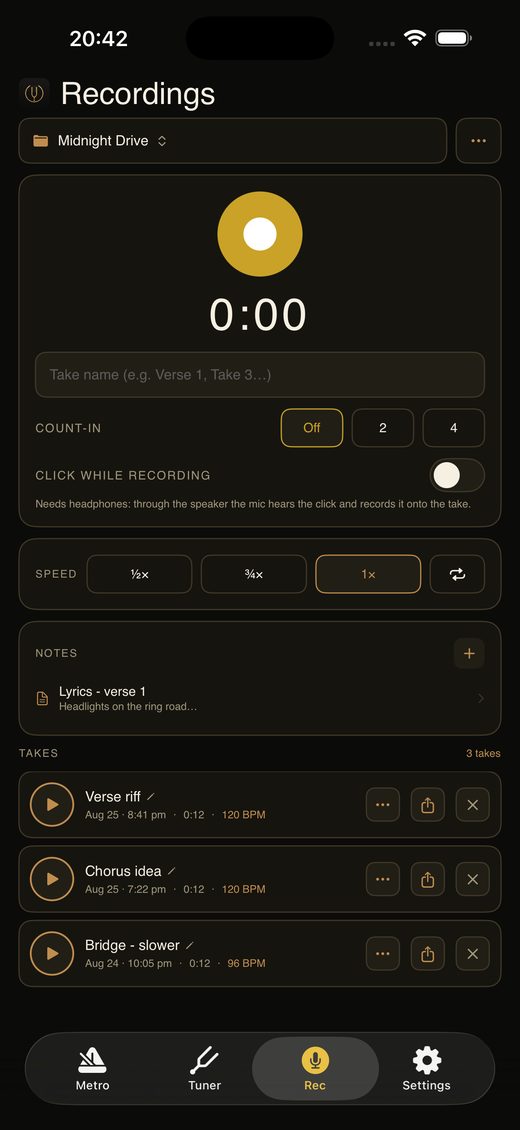 A song group in Tonoir with three takes and a lyrics note