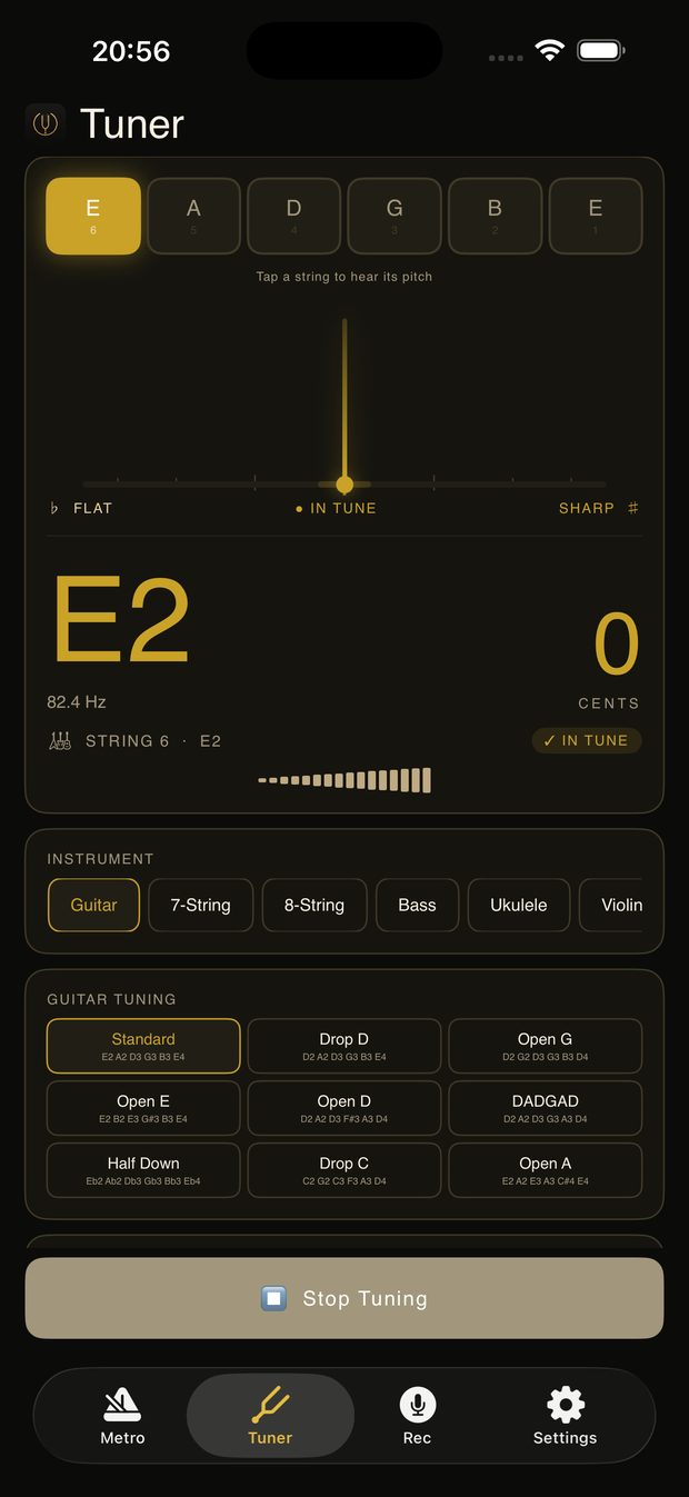 The Tonoir tuner reading a low E string dead in tune
